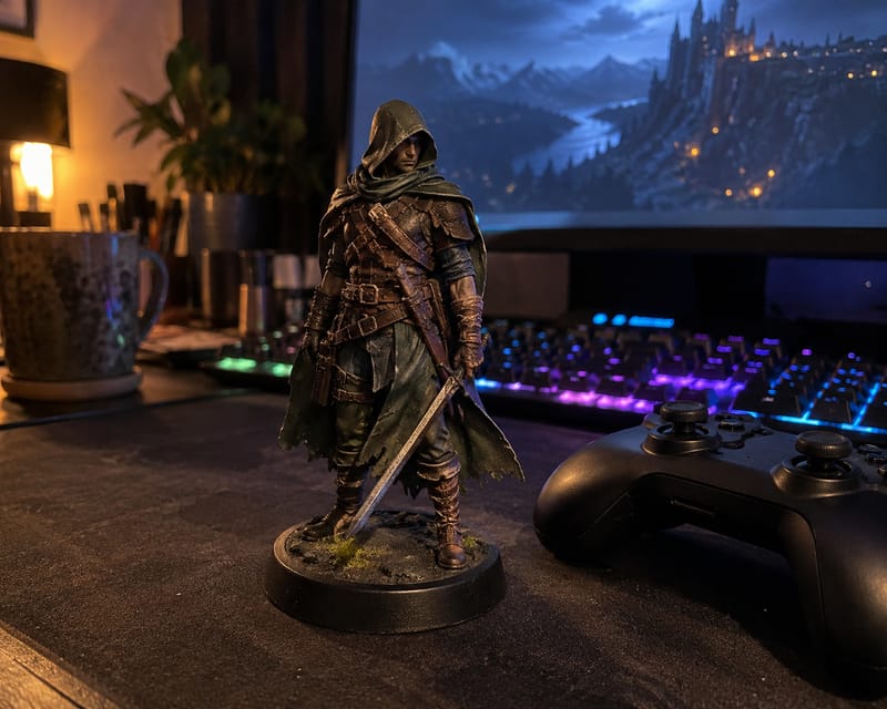 A miniature statue of a hooded game character beside a controller